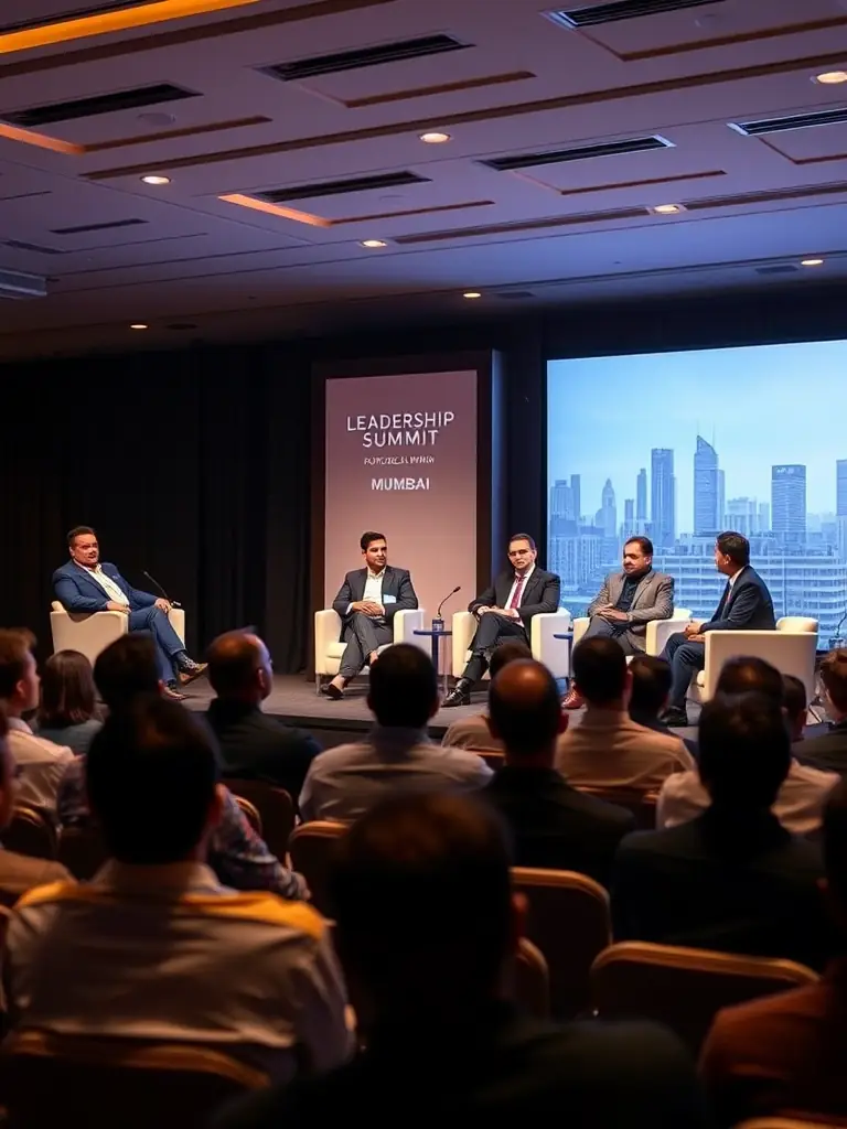 A photograph capturing the vibrant atmosphere of a leadership summit in Mumbai, India, with attendees actively participating in a panel discussion.