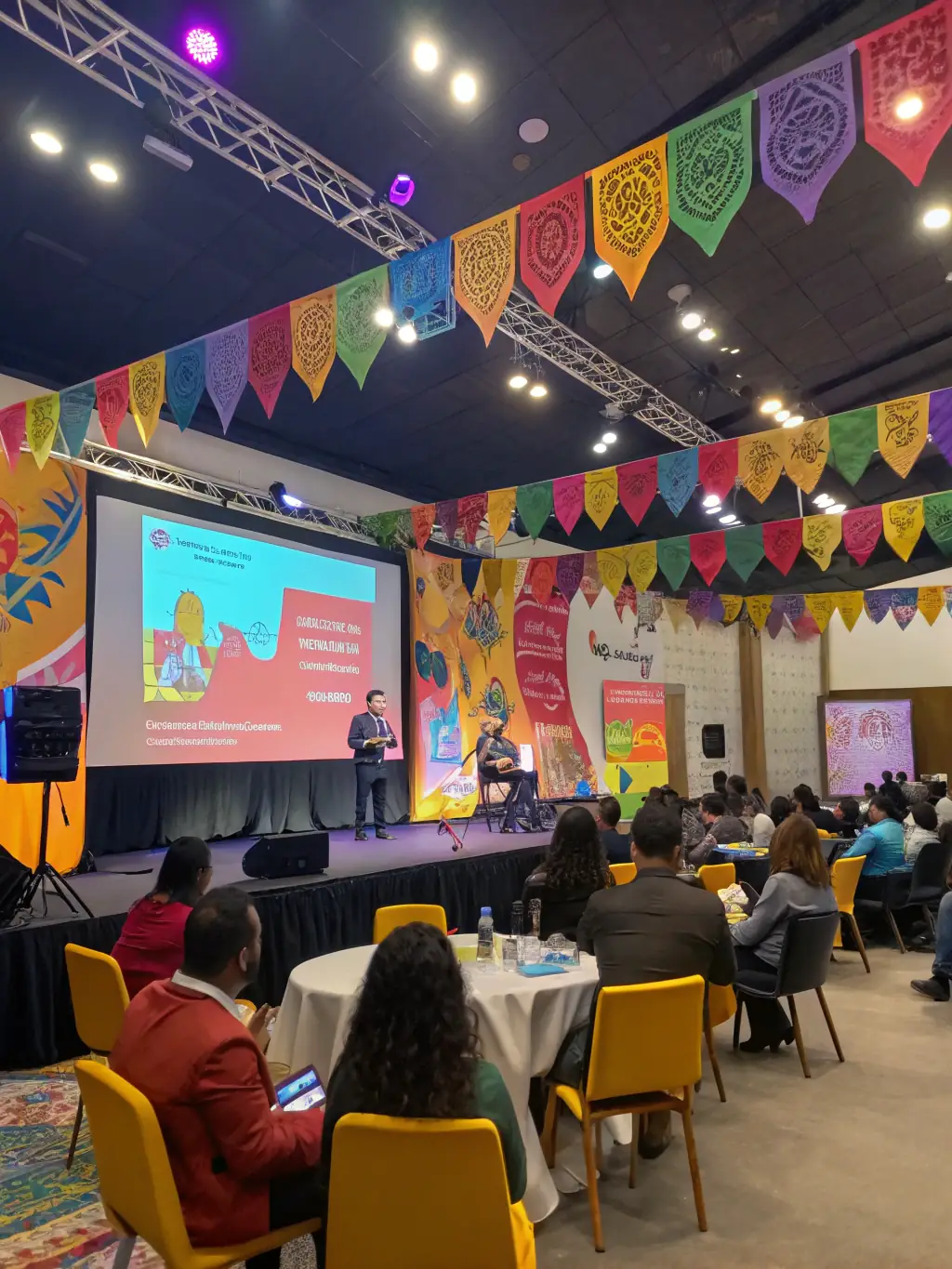 A photograph of 'The Future of Corporate Gatherings in India' conference, showcasing a modern venue with interactive displays and networking sessions.