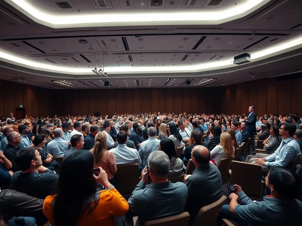 A modern conference hall with attendees listening to a keynote speaker on stage, showcasing a leadership summit in Mumbai.