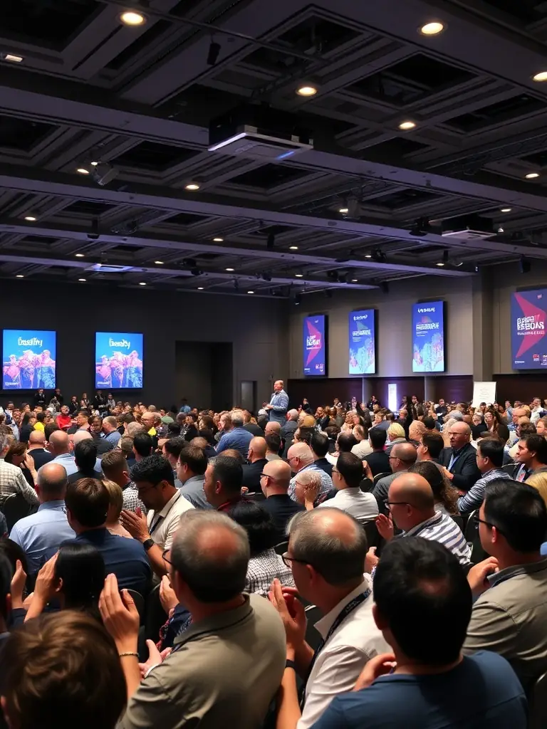 A photograph of the 'Navigating the Indian Business Landscape' conference, featuring a keynote speaker addressing a large audience of business professionals.