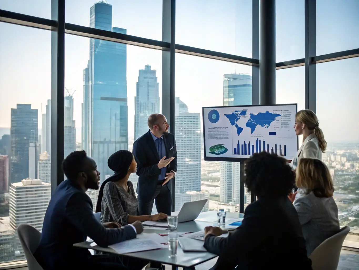 A vibrant image of attendees networking at a business conference in Mumbai, India, with modern skyscrapers in the background.