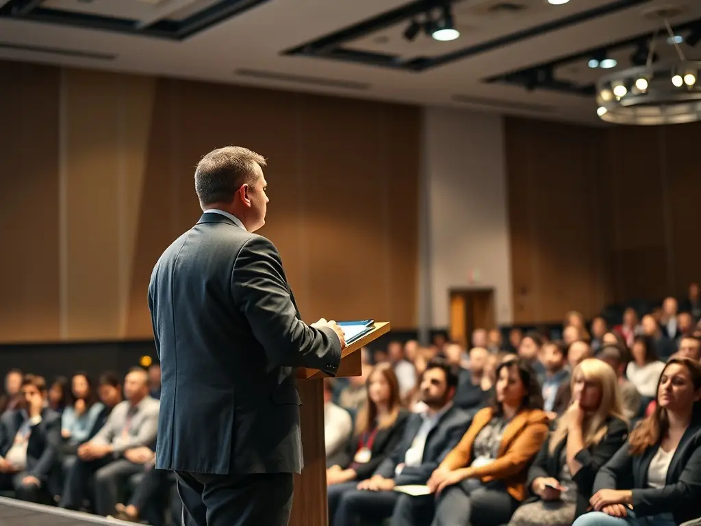 A dynamic shot of a keynote speaker addressing a large audience at a startup meet in Bangalore, India.