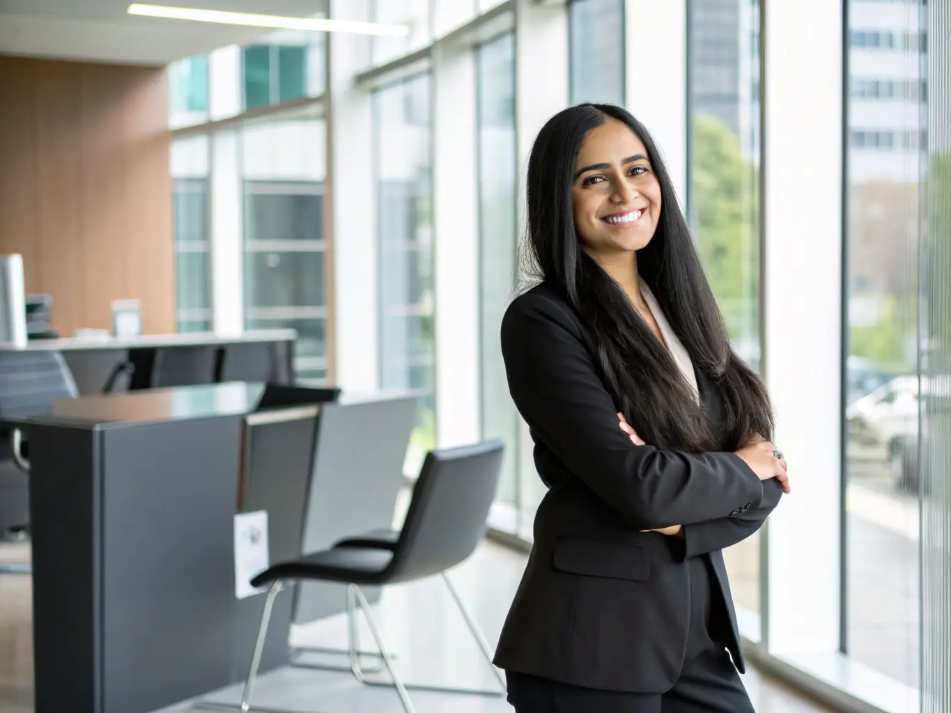 A professional headshot of a confident woman, Dr. Anya Sharma, in business attire, smiling warmly. She is a keynote speaker at the Leadership Summit.