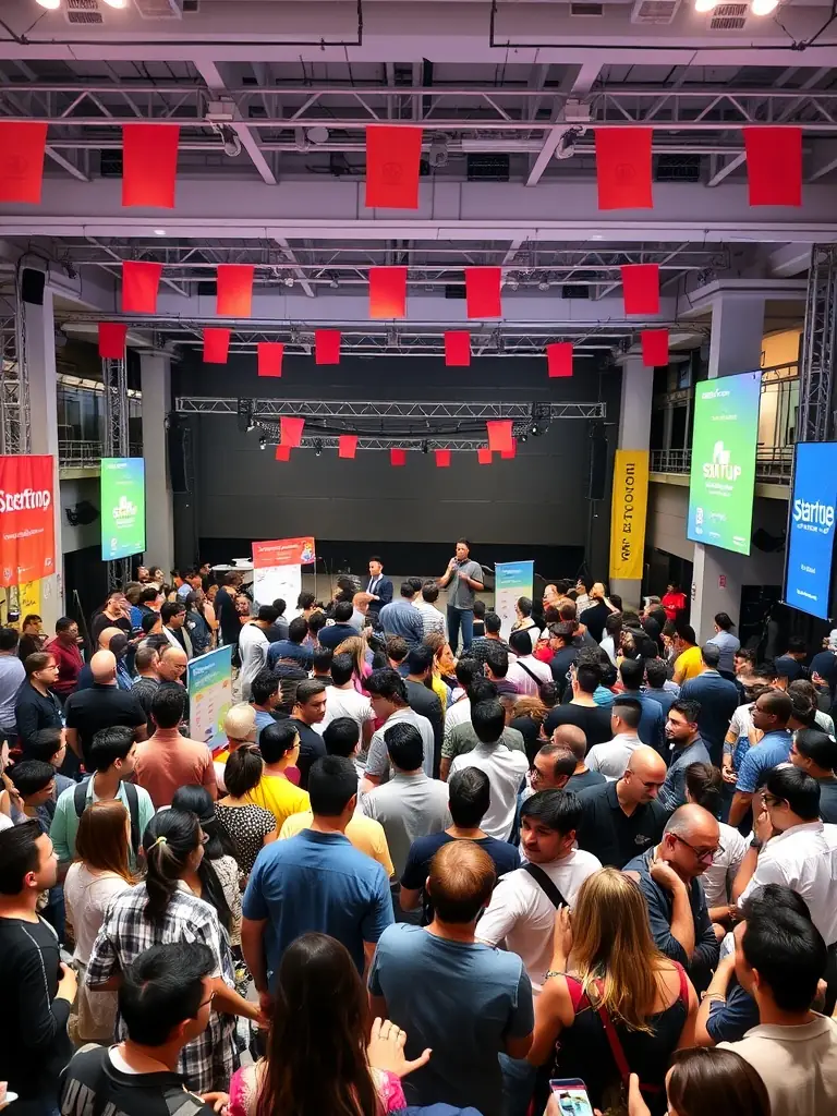 A dynamic image of a startup meet in Bangalore, India, showcasing young entrepreneurs pitching their ideas to potential investors.